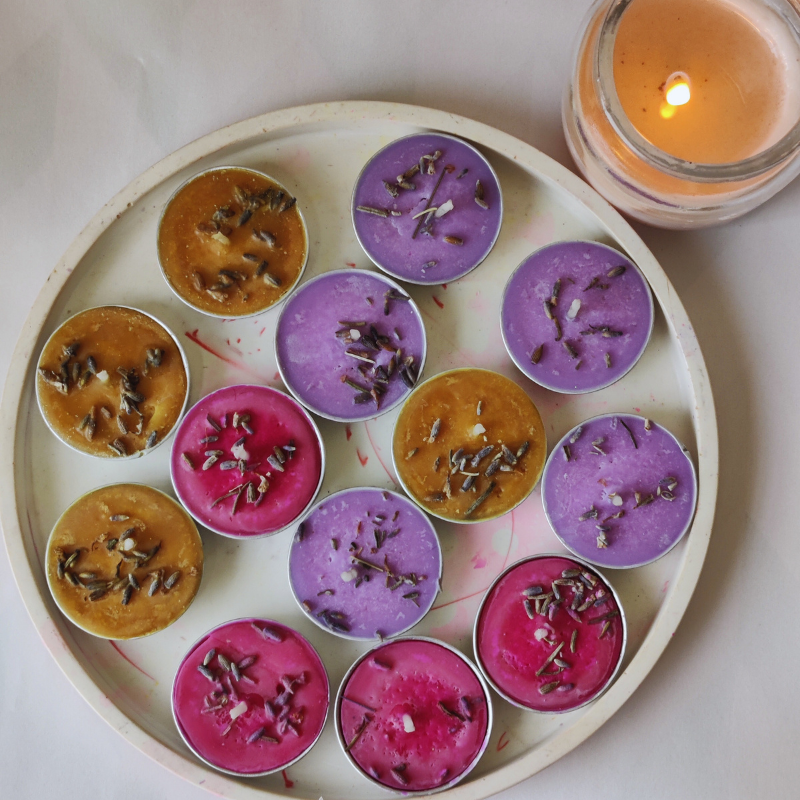 "FESTIVE TEALIGHT" Scented and Infused with Lavender buds (Soy Wax, Set of 12)