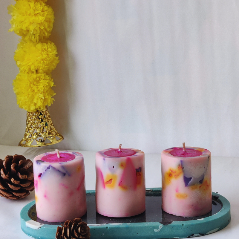 Mini Pink Pillar Scented Soy Wax Candle Set (Set of 3, assorted fragrances)